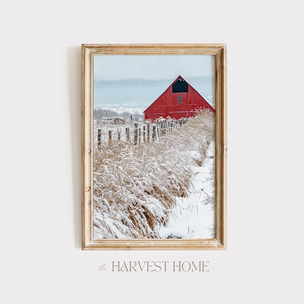 Red Barn In The Snow Poster, Rustic Farm Scenery, Snowy Winter Day, Frozen Temperatures, Farmhouse Decor, Winter Photography, Snowy Wheat