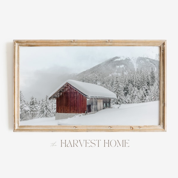 Barn Samsung Frame TV Art | Red Barn In The Mountains | Snow Covered Barn TV Art | Rustic Winter Scenery