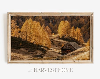 Cabane rustique à Meadow TV Art | Cadre TV Samsung | Décor de télévision de prairie de forêt d'automne | Art télévisé des arbres d'automne jaune vif