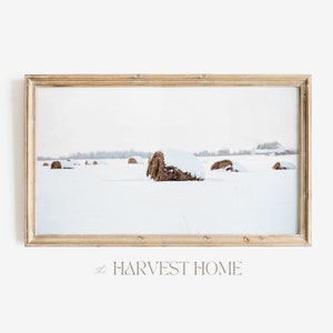 Snow Covered Hay Bale | Farmhouse Samsung Frame TV Art | Winter TV Decor | Snowy Hay Field Scenery TV Art