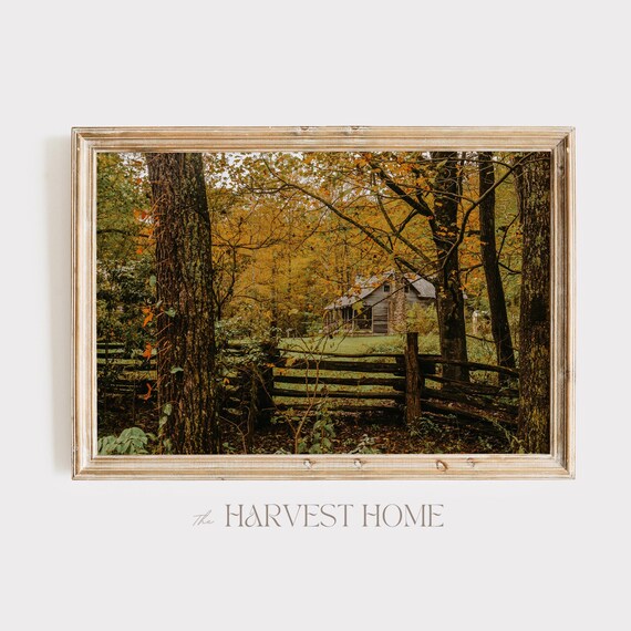 Cabin In The Woods Print, Autumn Forest Decor, Rustic Woodland Cabin Poster, Colorful Leaf Art, Forested Cabin Photography, Rustic Home Art