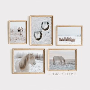 Snowy Horses Gallery Art Printable Set of 5, Rustic Farmhouse Decor, Living Room Gallery Wall, Snow Covered Landscape, Horse Photography