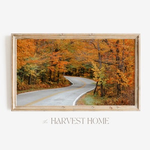 Samsung Frame TV Art | Road Through Forest TV Art | Autumn Landscape TV Decor | Orange Fall Trees Tv Art