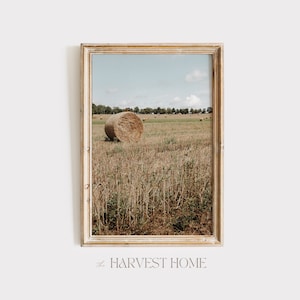 Round Bale Hay Field Print, Countryside Scenery, Hay Farm Poster, Farmhouse Decor, Neutral Rustic Hay Art