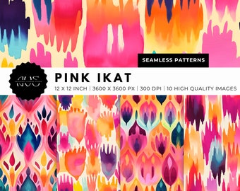 Pink Ikat: Watercolor Abstract Digital Seamless Pattern - Printable Paper Set - Instant Download - Digital Wallpaper