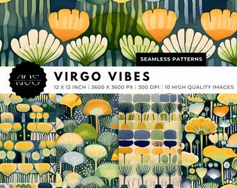 Floral Watercolor - Sage Green - Blue - Yellow - Digital Seamless Patterns - Digital Wallpaper - Wall Art - Printable Paper Set - Virgo