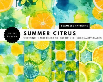 Summer Citrus: Digital Seamless Patterns, Lemons, Limes, Abstract, Digital Wallpaper, Instant Download, Digital Download, Image Bundle