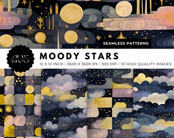 Moody Stars, Moons, Clouds Seamless Patterns - Digital Patterns - Digital Wallpaper - Instant Download - Printable Paper Set - Image Bundle