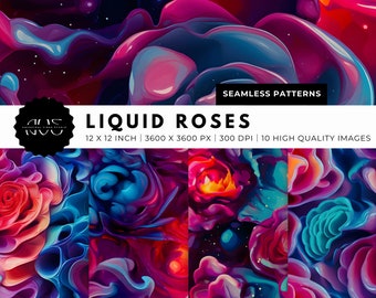 Liquid Roses Digital Paper, 10 Seamless Surreal Patterns for Printable Scrapbook Paper, Digital Background - Instant Download Commercial Use