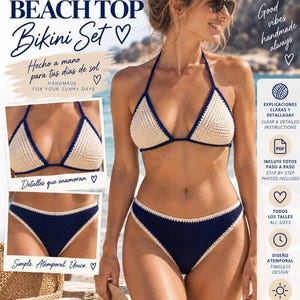Puede incluir: Un patrón de crochet para un conjunto de bikini titulado Penelope Beach Top. El conjunto presenta un top triangular de color crema con ribete azul oscuro y una braga de bikini azul oscuro a juego con ribete crema. Incluye instrucciones.