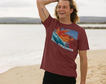 California Dreaming Mens Tee: Organic California Poppy Print, Sustainable Beachwear, Unique Surfer Gift