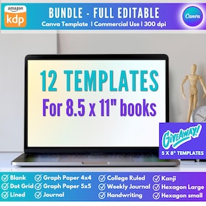 Könnte beinhalten: Ein Laptop-Bildschirm zeigt den Text 12 TEMPLATES For 8.5 x 11" books. Das obere Banner lautet BUNDLE - FULL EDITABLE Canva Template | Commercial Use | 300 dpi. Ein lila Feld in der Ecke zeigt Giveaway! 5 X 8" TEMPLATES. Unten folgt eine Liste.