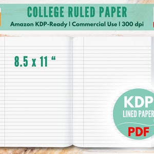 May include: A close-up of a college ruled paper notebook with a green and white design. The notebook is 8.5 inches by 11 inches and is labeled "KDP Lined Paper".