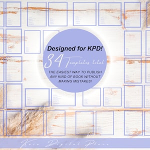 Könnte beinhalten: Ein lila Kreis mit dem Text "Designed for KPD! 34 Templates total THE EASIEST WAY TO PUBLISH ANY KIND OF BOOK WITHOUT MAKING MISTAKES!" auf einem weißen Holzgrund. Auf dem Hintergrund befinden sich 34 weiße Quadrate mit einem lila Rahmen.