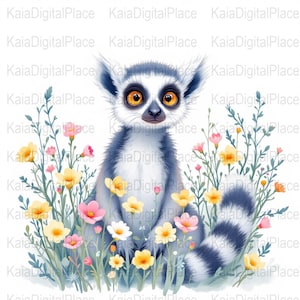 Könnte beinhalten: Aquarellillustration eines Kattas, der inmitten bunter Wildblumen sitzt. Der Lemur hat graues und weißes Fell mit großen orangefarbenen Augen. Die Blumen sind gelb, rosa und weiß, vor einem weißen Hintergrund.