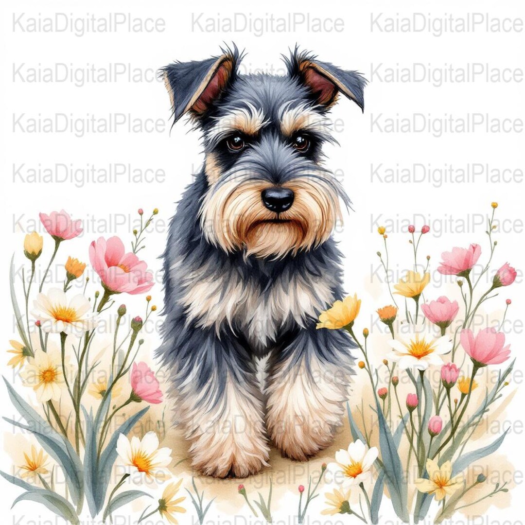 Cute Schnauzer Dog With Floral Background Digital Tumbler Wrap PNG File ...