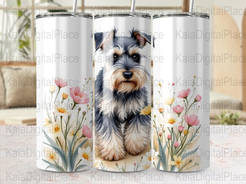 Cute Schnauzer Dog With Floral Background Digital Tumbler Wrap PNG File ...