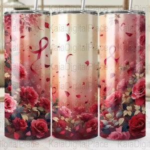 Könnte beinhalten: Drei Edelstahlbecher mit floralem Design. Das Design zeigt rote Rosen, fallende Blütenblätter und ein Band vor einem Farbverlauf aus Rosa und Pfirsich. Die Becher haben einen Strohhalm.