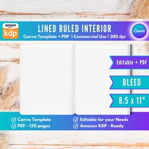 May include: A lined ruled interior template for a book or journal. The template is 8.5 inches by 11 inches and includes a bleed area. The template is editable and can be used for commercial purposes. It is also Amazon KDP ready. The template includes 120 pages.