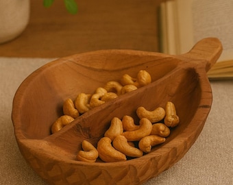 Bol de service en bois de teck sculpté à la main – Bol en teck de 10 po. x 7 po. | casse-croûte rustique en bois | Vaisselle artisanale durable