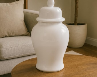 Pote decorativo branco de cerâmica Elysian | Pote decorativo moderno e minimalista com tampa | Pote grande branco para gengibre | Decoração contemporânea para casa