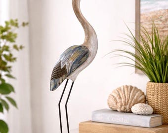 Coastal Wooden Heron Sculpture, Tall Standing Bird Figurine, Farmhouse Beach Home Décor