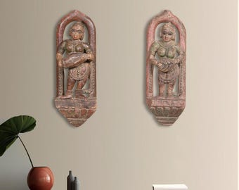 Vintage Wooden Wall Mount Veena Vadini Saraswati Figurine Indian Hand Crafted Artisan Sculpture Home Decor Showpiece Wall Art Statue Gift