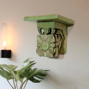 Vintage Wall Brackets Shelves Distressed Green Finish Floral Design Hand Carved Indian Teak Wood Art Natural Corbel Souvenir Gift Home Decor