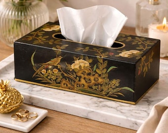 Porta-lenços Golden Bird Chinoiserie | Porta-lenços pintado à mão em preto e dourado | Decoração de luxo para banheiro e sala de estar