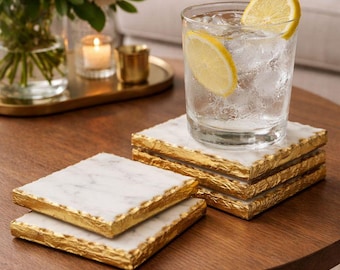 Square Marble Coasters with Golden Edges Set of 4 White Marble Decorative Coasters for Table Decor Housewarming Gift Wedding Table Decor