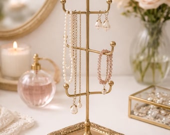 Handcrafted Brass Jewelry & Accessory Display Stand with Ornate Finial Multi Hooks