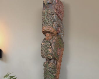 Vintage Wooden Wall Mount Decor Hand Crafted Indian Traditional Floral Bracket Artisan Hand Painted Decorative Corbel Sculpture Wall Art