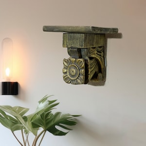Vintage Teak Wood Corbel Shelf Hand Carved Wall Bracket, Floral Design, Distressed Gold Finish, Rustic Indian Home Decor Souvenir Gift