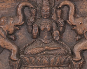 27 x 9 Inches Vintage Handmade Wood Carved Lord Vishnu Wall Art Panel Intricately Carved Trunk Up  Elephant Wall Decor Solid Wood Home Decor