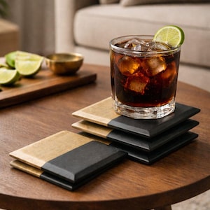 Dual Tone Coaster Set Mango Wood and Black Marble Decorative Coasters Rectangular Table Decor Gift for Her Housewarming Wedding Table Decor