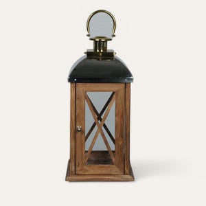 Rustic Wooden Candle Lantern with Glass Panels & Brass Top Farmhouse Table Lantern Holder, Vintage Decorative Lighting for Indoor Outdoor