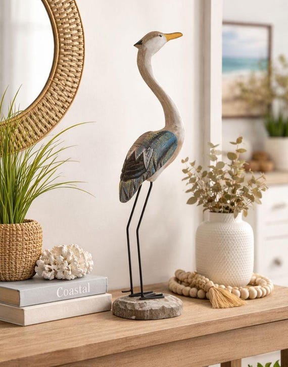Handcrafted Paulownia Wood Standing Heron Sculpture, Tall Wooden Crane Bird Figurine, Coastal Farmhouse Home Décor