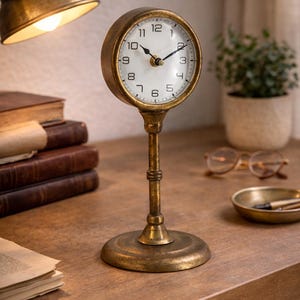 May include: A vintage-style desk clock with a round, white face and black numerals. The clock is set in a gold-colored metal casing and stands on a slender stem and circular base. A brass desk lamp and books are in the background.