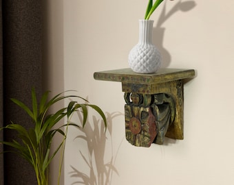 Vintage Wooden Wall Bracket Hand Carved Natural Distressed Finish Corbel Shelf Traditional Decor 40-50 Year Old Indian Handmade Wall Hanging