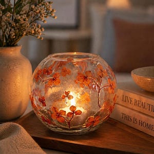 Floral Glass Candle Holder 5.5 Inch | Handcrafted Pressed Flower Votive | Decorative Tea Light Holder | Romantic Table Decor