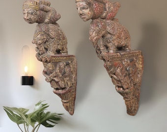 Vintage Wooden Wall Mount Decor Handmade Indian Traditional Wall Art Man Riding Elephant Figurines Artisan Hand Painted Decorative Sculpture