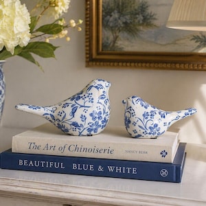 Handmade Chinoiserie Bird Figurines Set of 2, Blue White Porcelain Birds, Floral Ceramic Decor, Asian Style Home Accent