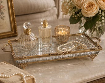 Bandeja de vaidade em latão antigo com alças douradas, bandeja decorativa para servir, bandeja para mesa de centro em estilo francês campestre, bandeja de latão para exibição, decoração de casamento
