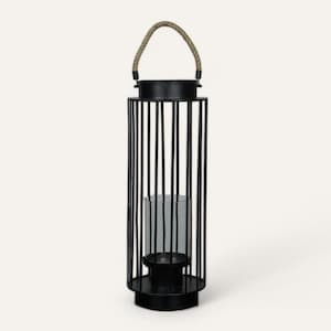 Tall Black Metal Candle Lantern with Rope Handle Rustic Farmhouse Lantern Holder, Outdoor Indoor Patio Decor, Modern Decorative Lighting