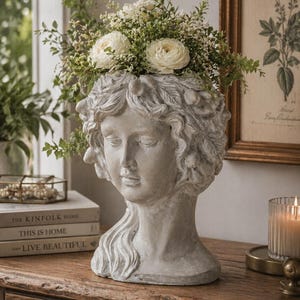 Könnte beinhalten: Eine graue, skulptierte Kopfvase mit einem ruhigen Ausdruck, gefüllt mit weißen Blumen und Grün. Die Vase steht auf einer Holzoberfläche und schafft eine klassische Präsentation. Die Vase ist etwa 30 cm hoch.
