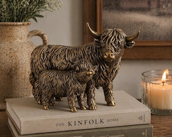 Highland Cow Figurine with Calf, Rustic Farmhouse Decor, Scottish Cow Statue, Animal Sculpture, Country Home Decor, Unique Gift