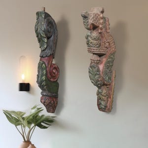 Vintage Wooden Wall Mount Decor Hand Crafted Indian Traditional Floral Bracket Artisan Hand Painted Decorative Corbel Sculpture Wall Art