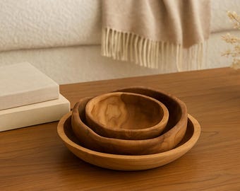 Set of 3 Organic Stackable Wooden Bowls – Hand-Carved Natural Wood Bowl Set | Rustic Serving & Décor Bowls | Nested Wooden Bowls