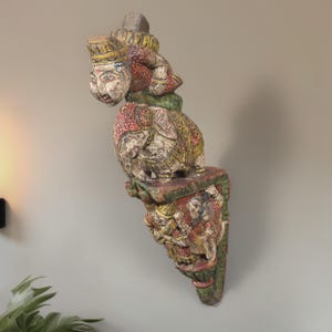 Vintage Wooden Wall Mount Decor Hand Crafted Indian Traditional Wall Art Man on Elephant Figurines Artisan Hand Painted Decorative Sculpture