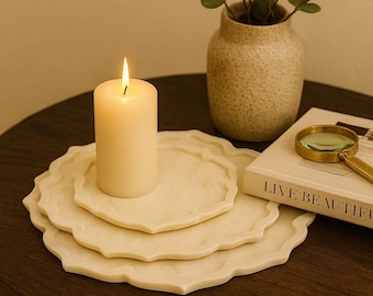 White Marble Platter Set | Hand-Carved Marble Tray Set of 3 | Scalloped Edge Serving Board | Luxury Vanity Bathroom Tray | Home Decor Tray